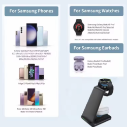 Carregador 3 em 1 sem fio para Samsung – smartphone, smartwatch e earbuds